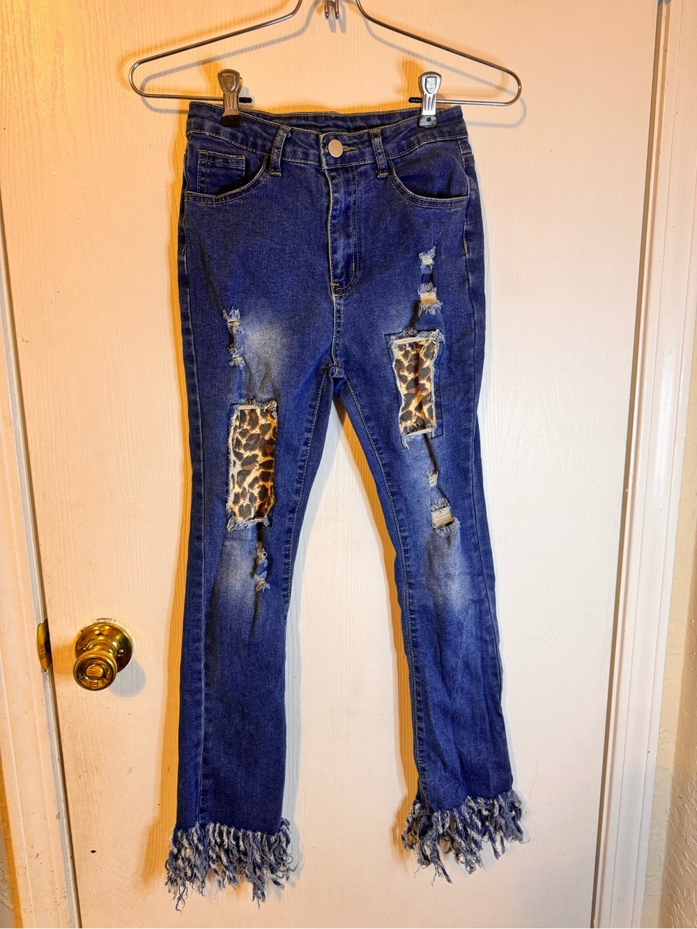 Girls Dark Blue Distressed Jeans with Leopard Patch & Fringed Hem